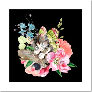 Cute Kitten on Watercolor Flowers Posters and Art